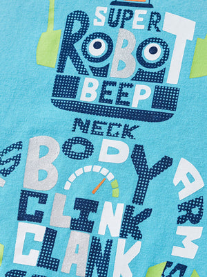 Baby blue cotton tee with a super robot graphic and text details.