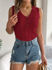 Burgundy openwork button-down knit tank top with V-neck and short sleeves.