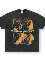 Dark Gray oversized cotton tee with bold graphic print of braided hair profiles and text.