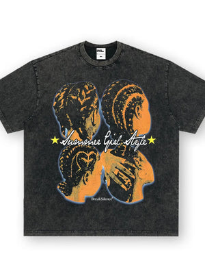 Dark Gray oversized cotton tee with bold graphic print of braided hair profiles and text.
