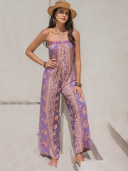 Lilac boho bandeau floral wide-leg jumpsuit with a strapless neckline and ornate print.