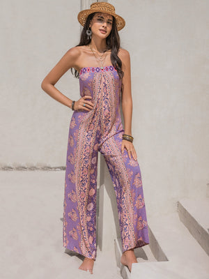 Lilac boho bandeau floral wide-leg jumpsuit with a strapless neckline and ornate print.