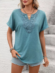 Blue-green relaxed fit t-shirt with lace neckline detail and cuffed short sleeves