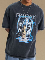 Black vintage wash graphic tee with Friday the 13th Jason Voorhees graphic.