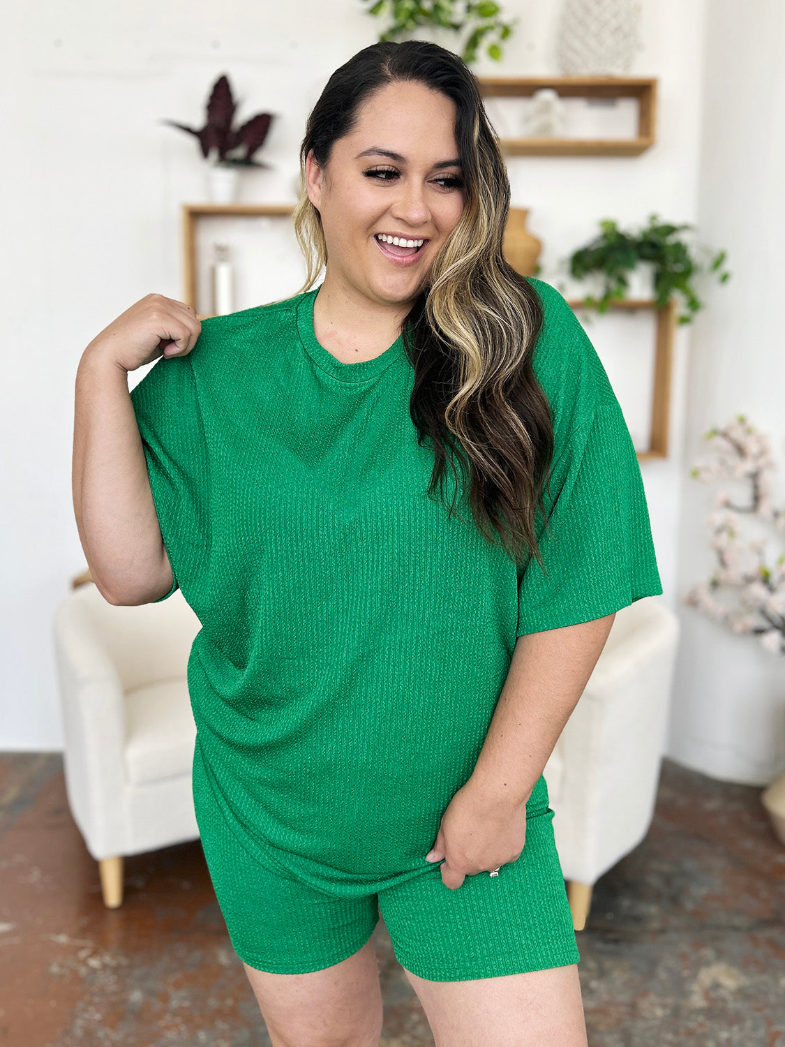 Textured boxy tee and shorts set in mid green with a ribbed knit fabric.