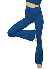 Peacock Blue V-waist flare leg leggings with a high rise and bootcut hem.