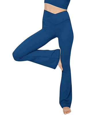 Peacock Blue V-waist flare leg leggings with a high rise and bootcut hem.