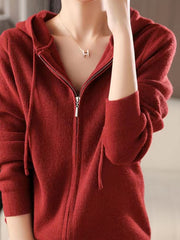 Ribbed knit zip-through hoodie in Scarlet with drawstring hood and silver zipper detail.