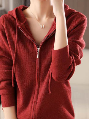 Ribbed knit zip-through hoodie in Scarlet with drawstring hood and silver zipper detail.