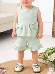 Children's Bow Tank And Shorts Set in Light Green, front view