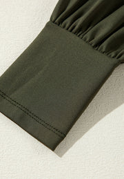 Army green bodysuit with ruched sleeve detail and contrast stitching