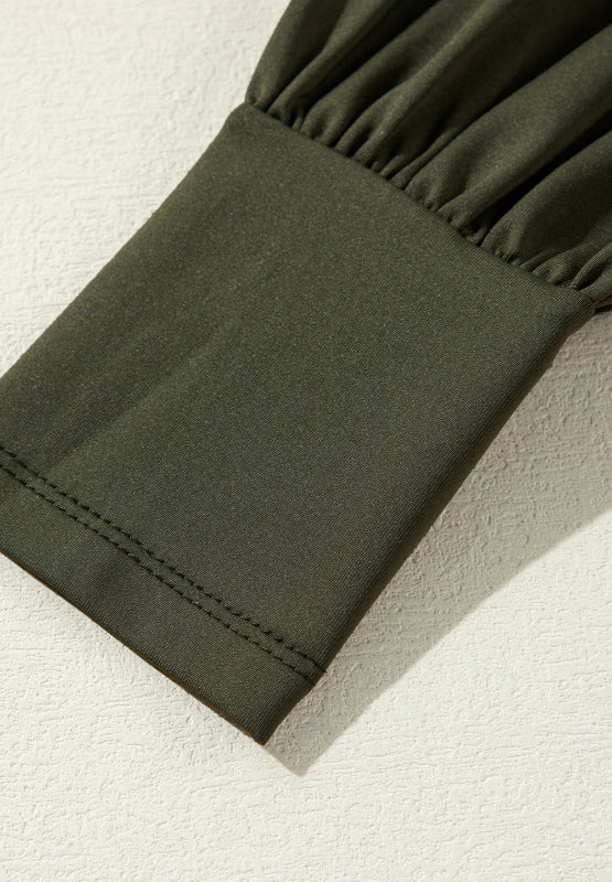 Army green bodysuit with ruched sleeve detail and contrast stitching
