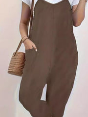 Heathered loose fit spaghetti strap jumpsuit in coffee brown with pockets.