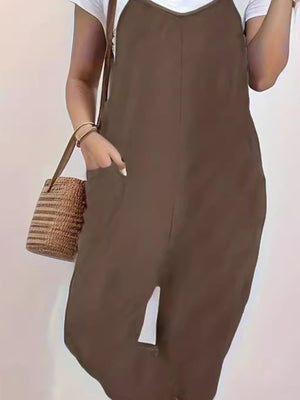 Heathered loose fit spaghetti strap jumpsuit in coffee brown with pockets.