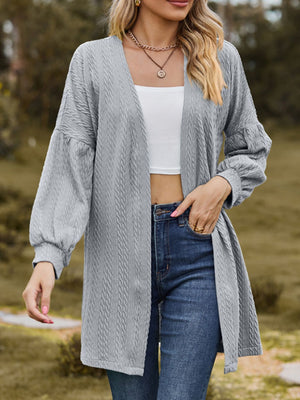 Gray textured open cardigan with balloon sleeves and a relaxed fit.