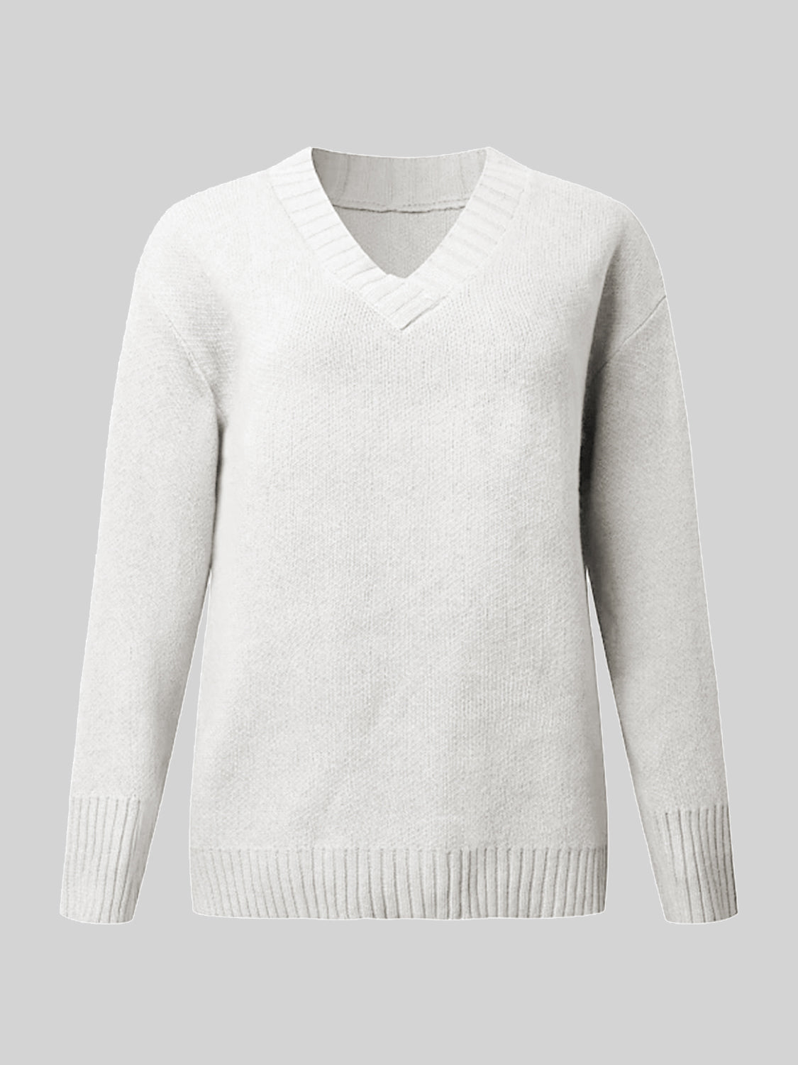 White ribbed trim V-neck knit sweater with long sleeves and a classic fit.