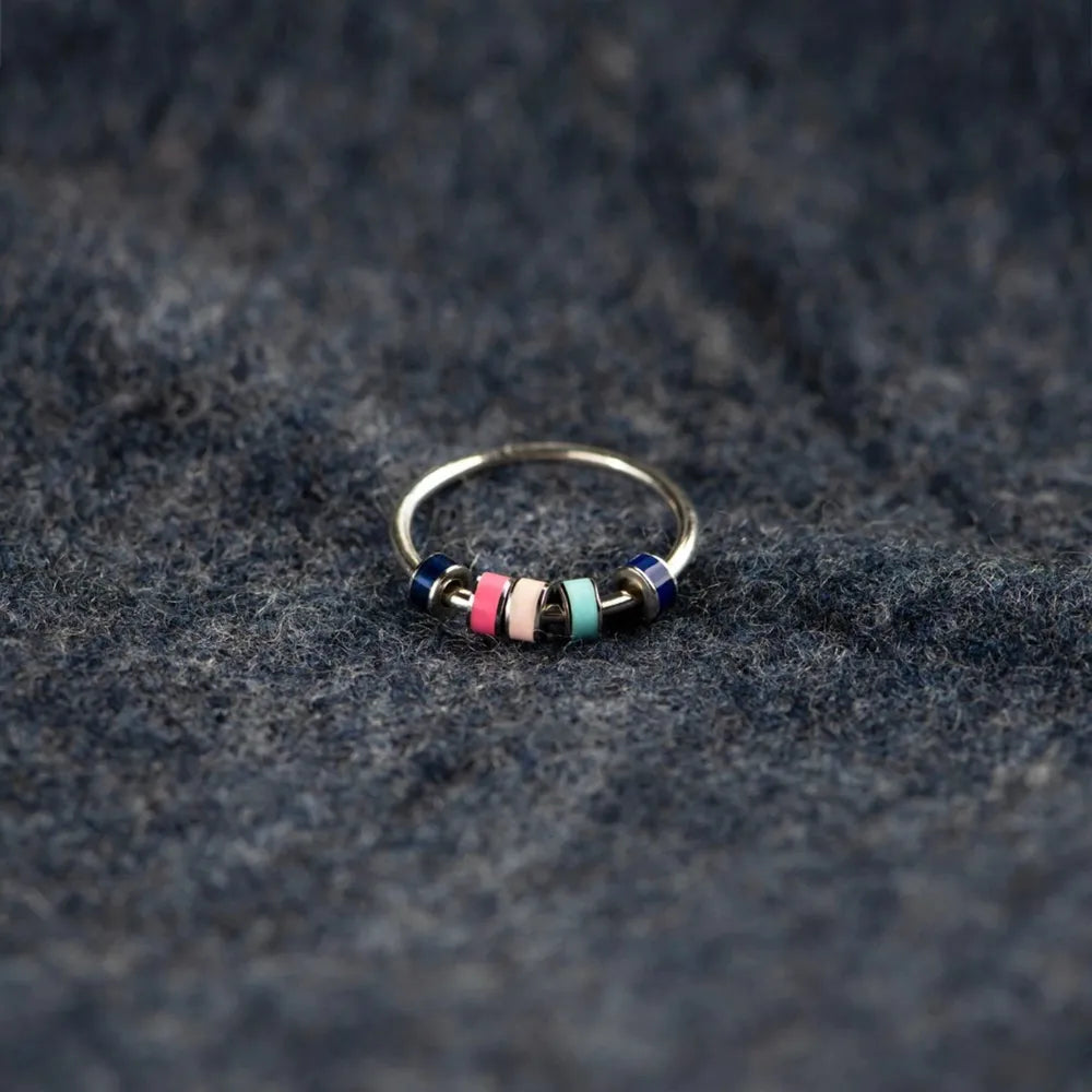 Chromatic Bead Sterling Ring with pink, blue, and mint beads