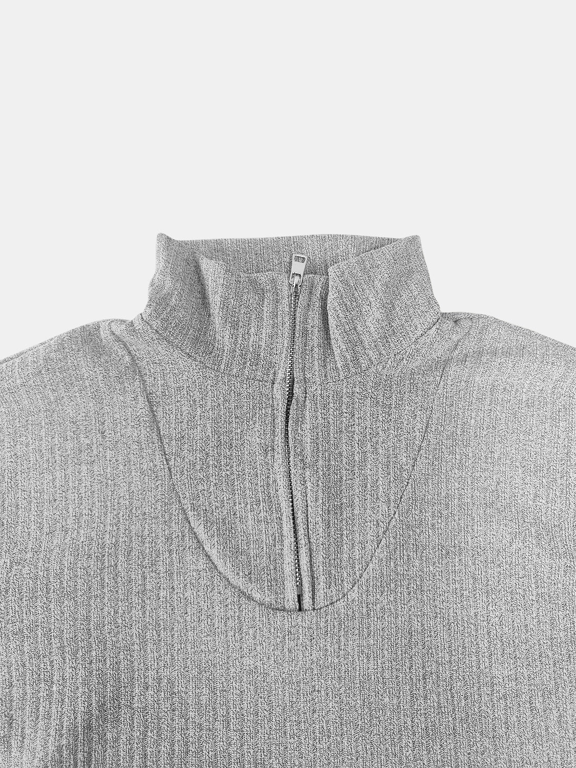 Light Gray ribbed knit quarter-zip pullover sweater with a mock neck and metal zipper.
