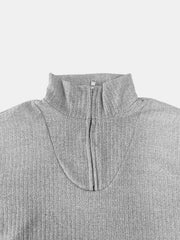 Light Gray ribbed knit quarter-zip pullover sweater with a mock neck and metal zipper.