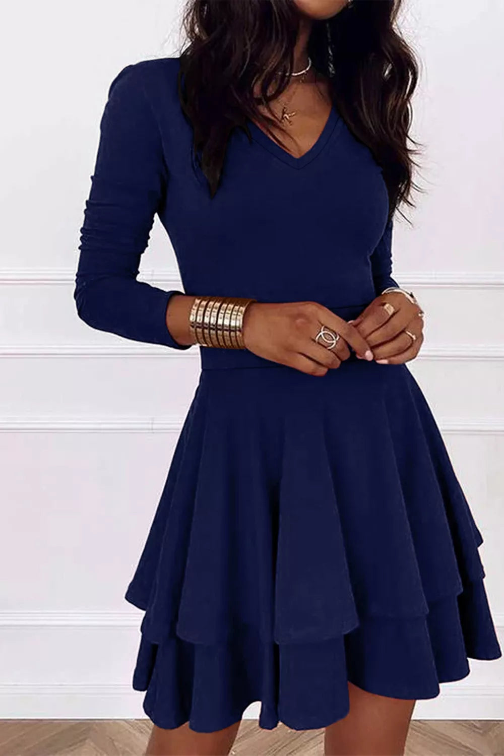 Layered Long Sleeve V-neck Mini Dress, fit detail