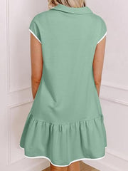 Gum Leaf zip front cap sleeve ruffle dress with white trim
