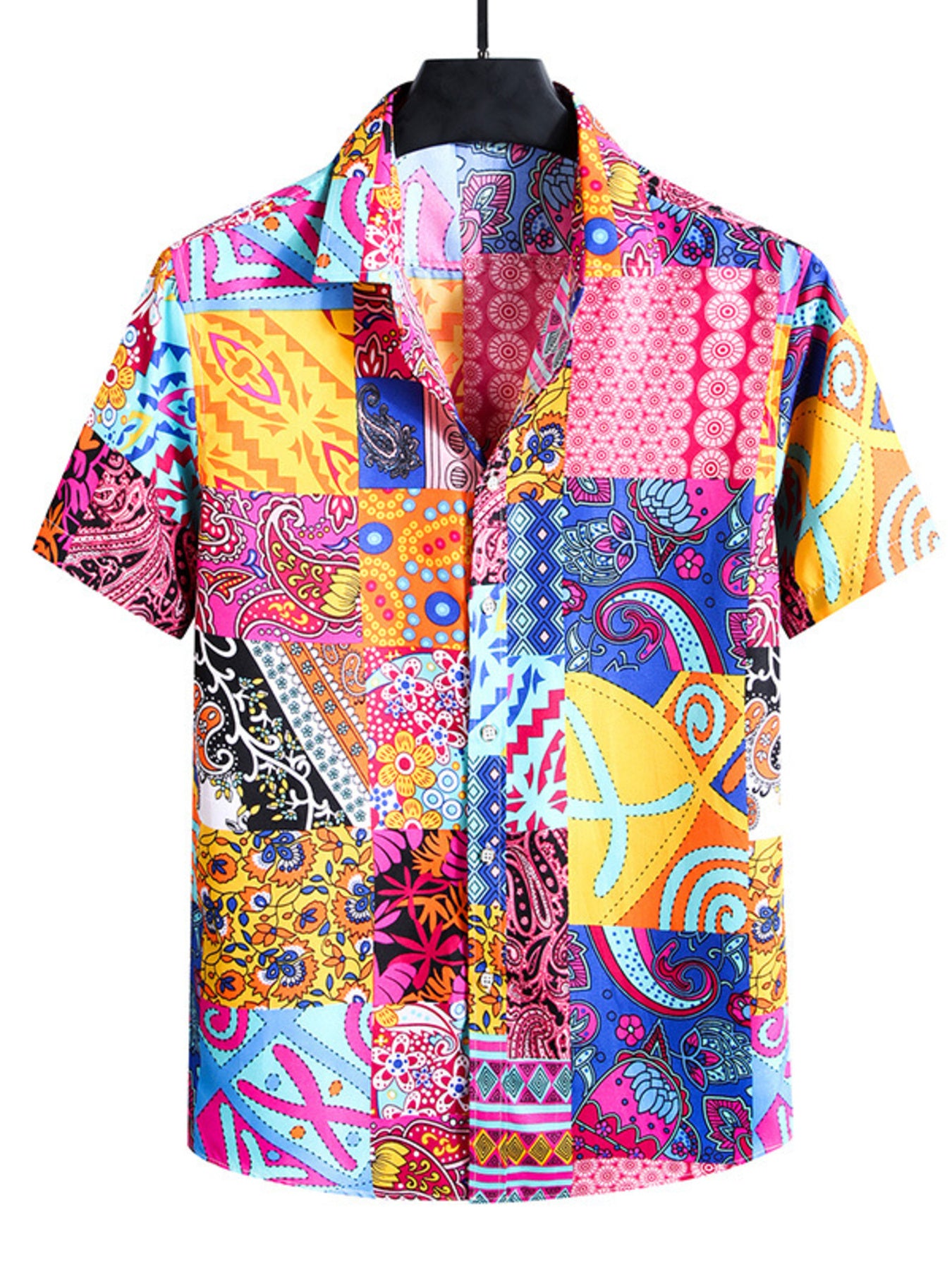 Men's short sleeve cotton button-up shirt with a colorful patchwork print.