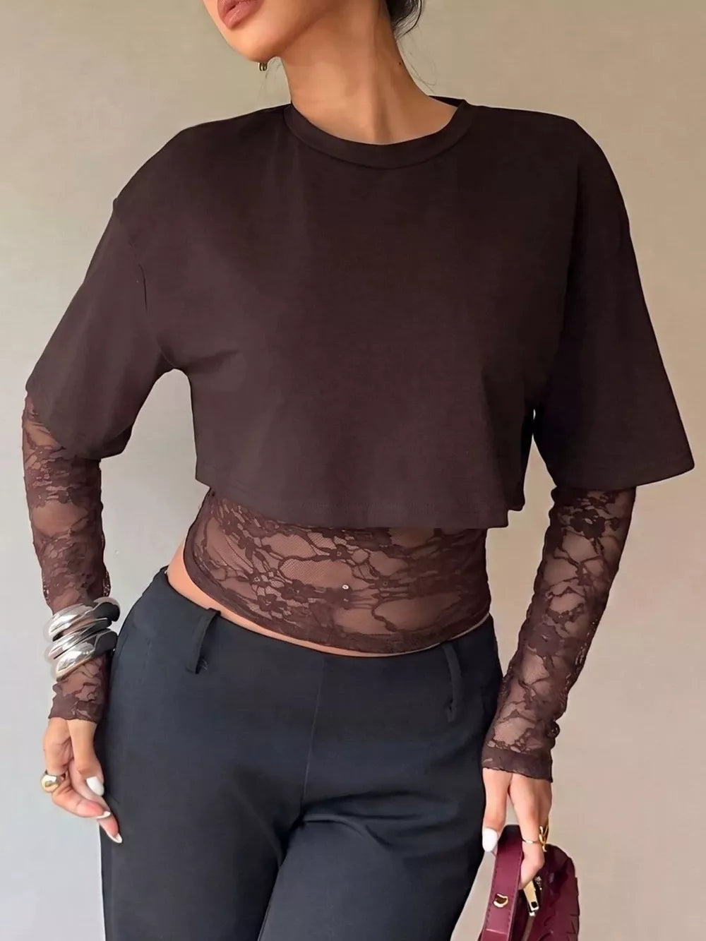 Lace Patchwork Short Sleeve T-shirt in Black, back view