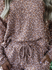 Leopard print ribbed loungewear set with drawstring waist detail.