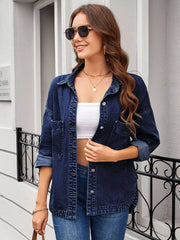 Dark blue denim trucker jacket with chest pockets and button-down front.