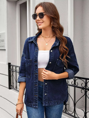 Dark blue denim trucker jacket with chest pockets and button-down front.