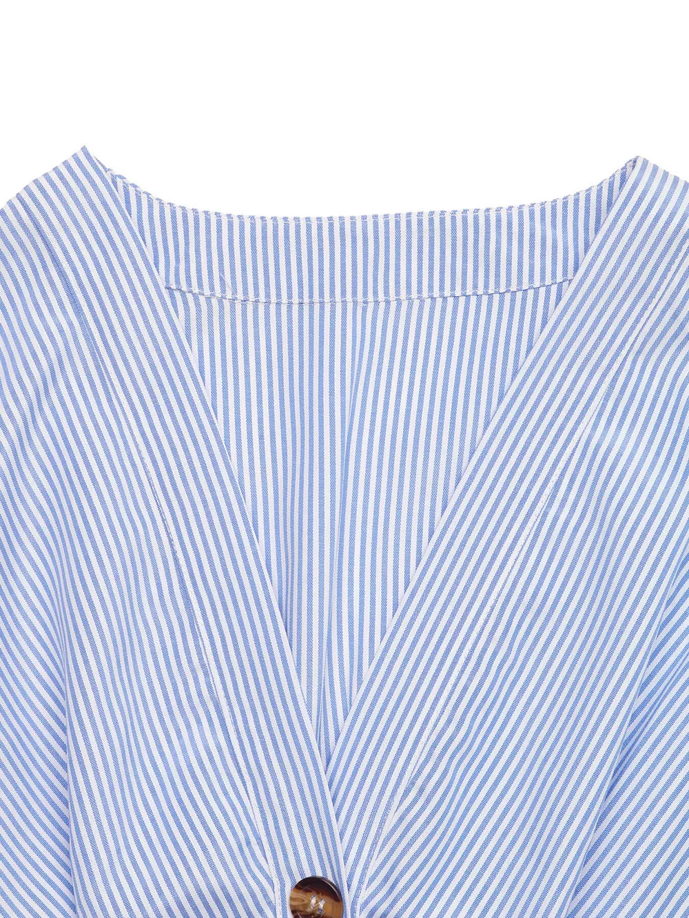 Blue striped midi dress with button front and V-neckline