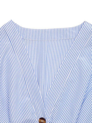 Blue striped midi dress with button front and V-neckline