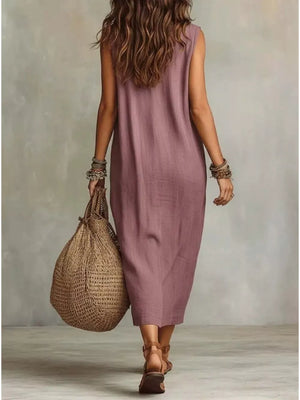 Full Size Cowl Neck Sleeveless Midi Dress in Black, side view