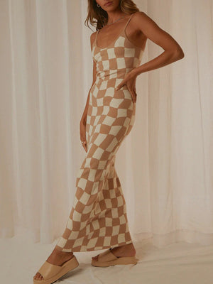 Camel and cream checkered knit maxi slip dress with a square neckline and spaghetti straps.