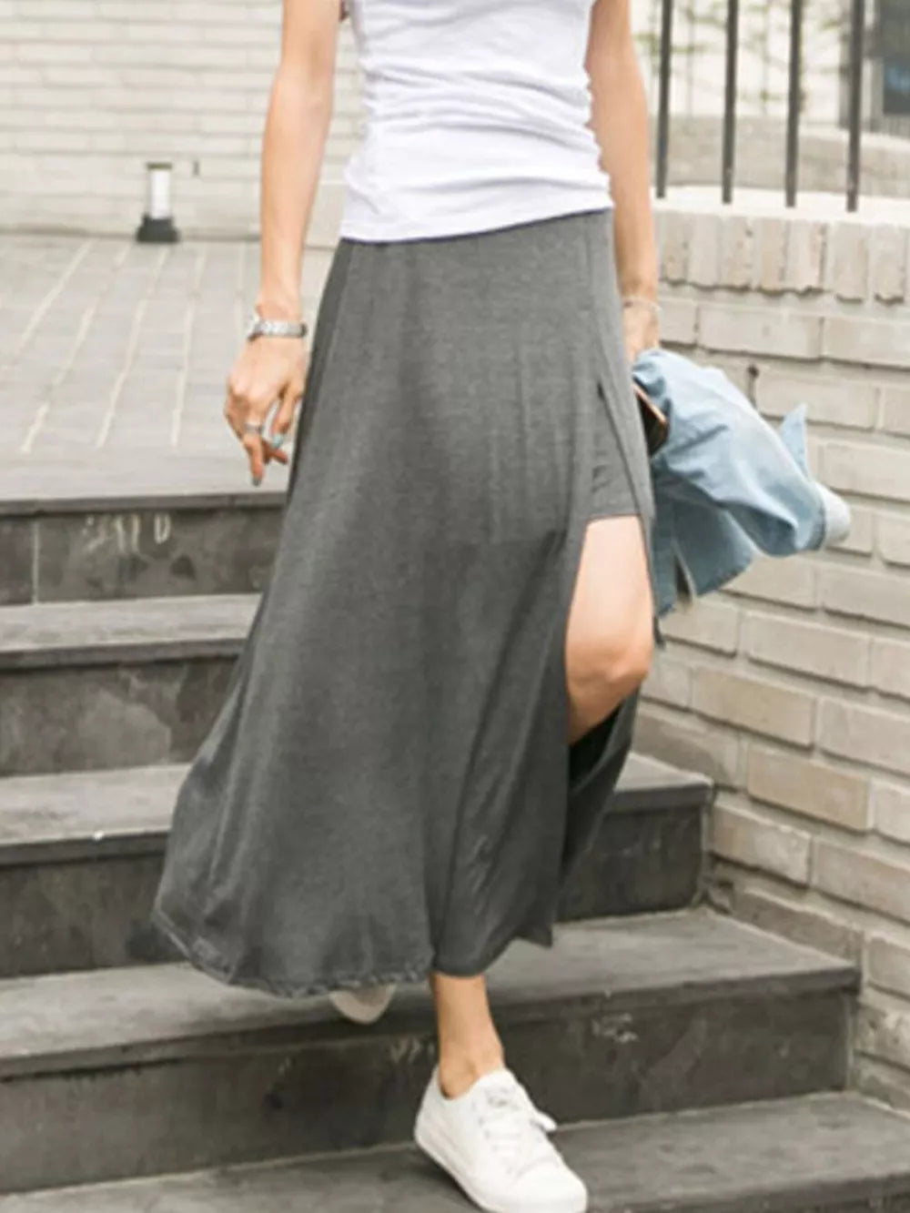 A-line Slit Maxi Skirt in Light Gray, close-up detail