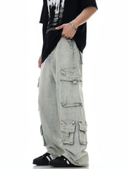 Relaxed fit light blue denim cargo trousers with multiple pockets.