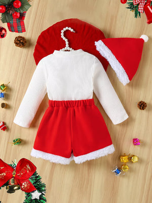 Baby red ribbed shorts set with white trim and matching Santa hat.