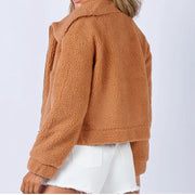 Textured sherpa cropped jacket in ochre with a collared neckline.