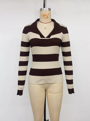 Striped Ribbed Knit Long Sleeve Sweater in Coffee Brown, editorial view