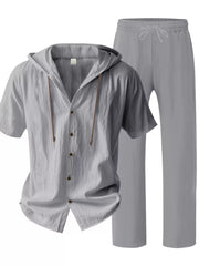 Gray linen blend hooded short sleeve top and drawstring pants loungewear set