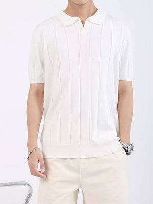 Men's white ribbed knit short sleeve polo shirt with vertical texture detail.