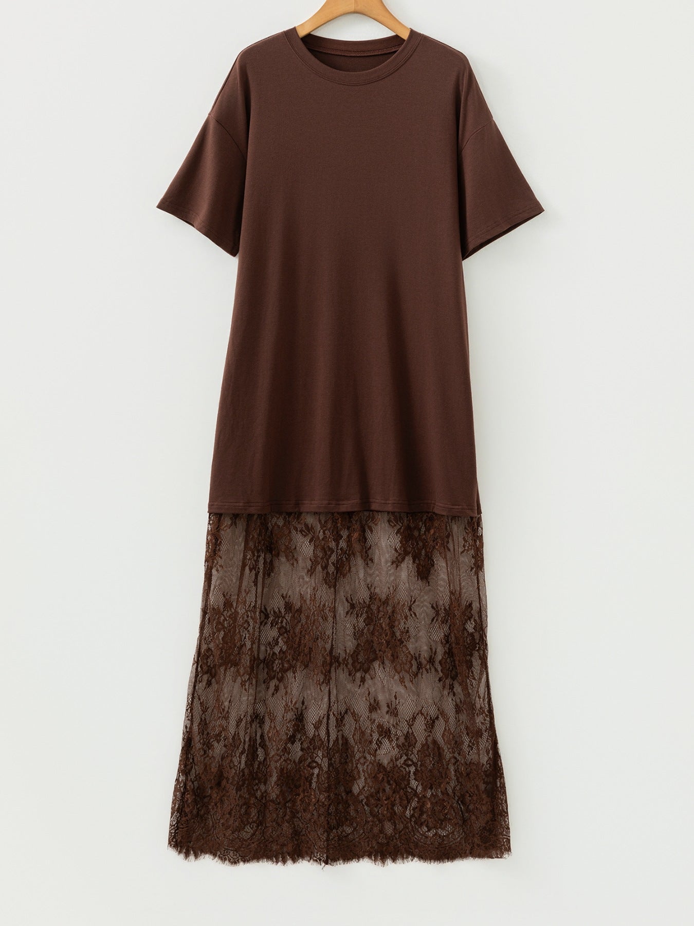 Dark brown t-shirt maxi dress with floral lace skirt overlay
