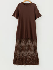 Dark brown t-shirt maxi dress with floral lace skirt overlay