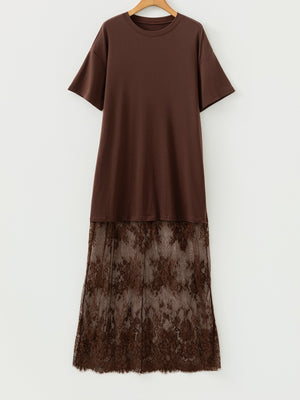 Dark brown t-shirt maxi dress with floral lace skirt overlay