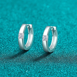 Silver hoop earrings with square moissanite accents, 925 sterling silver.