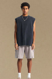 Black washed cotton muscle tee with relaxed fit and crew neck.
