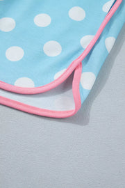 Pastel blue polka dot pajama shorts with pink contrast trim