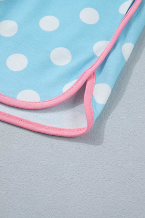 Pastel blue polka dot pajama shorts with pink contrast trim