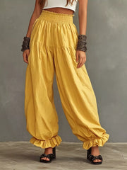 Full Size Smocked Ruffle Hem Wide Leg Pants in Mustard, alternate angle