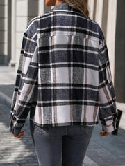 Black plaid overshirt with button front and patch pockets, shown from the back.